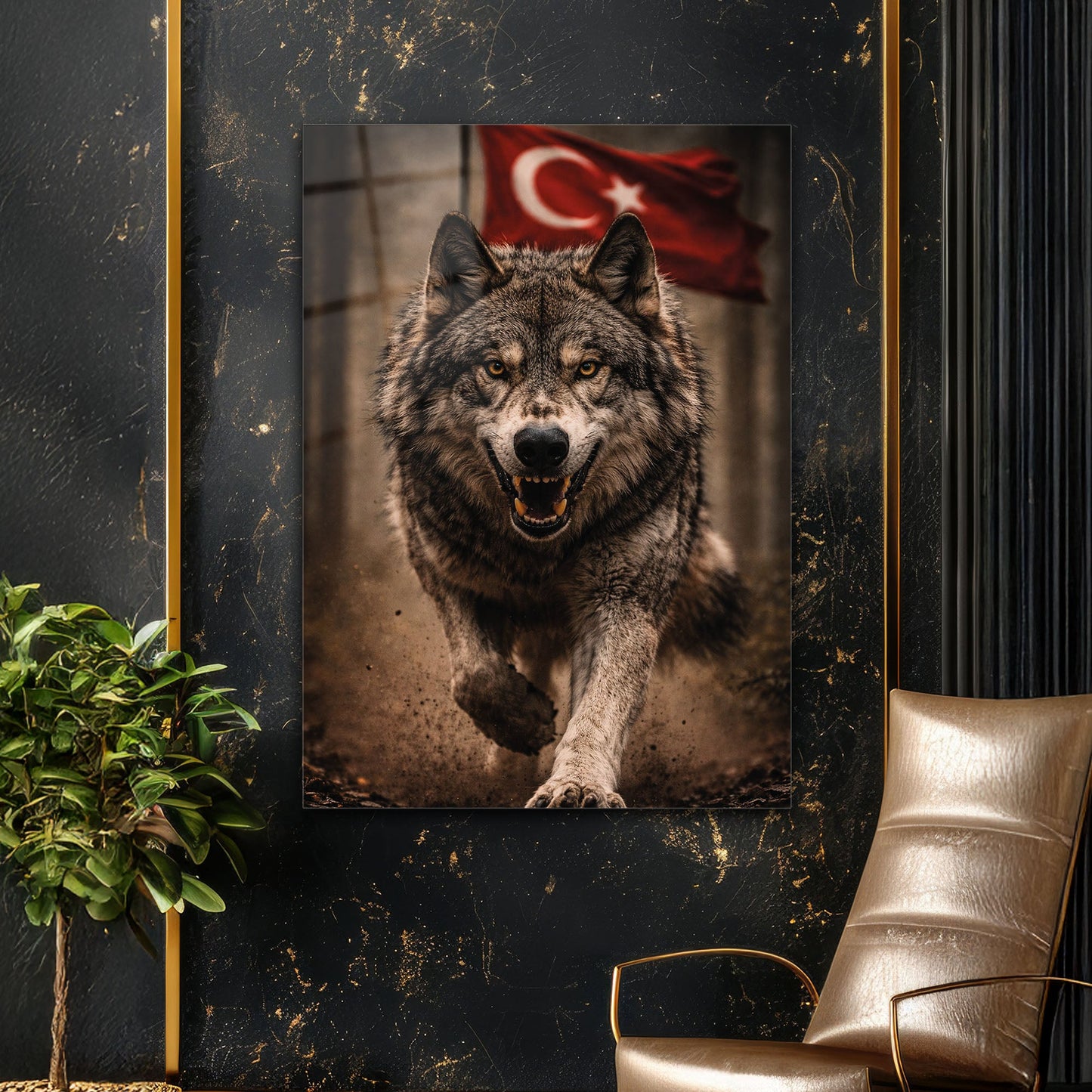 Türk Bayraklı Kurt Saldırı Anı Epik Cam Tablo