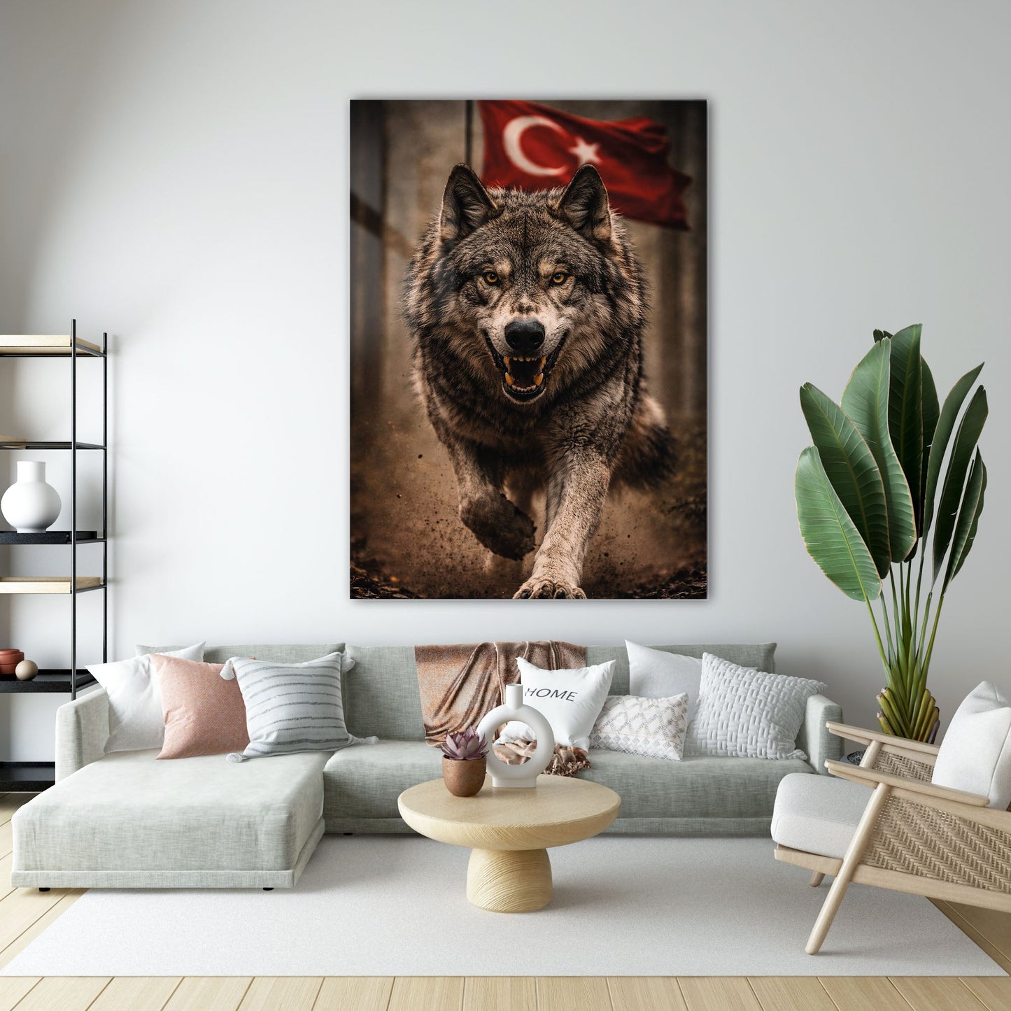 Türk Bayraklı Kurt Saldırı Anı Epik Cam Tablo