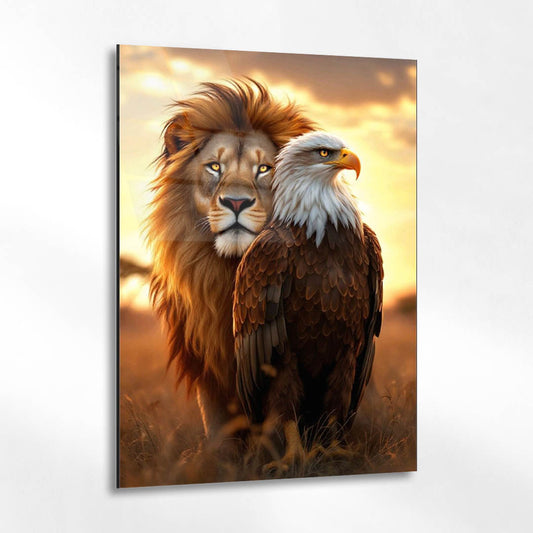 Aslan ve Kartal Günbatımı Cam Tablo