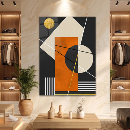 Altın Güneşli Geometrik Bauhaus Cam Tablo