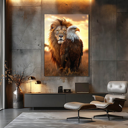 Aslan ve Kartal Günbatımı Cam Tablo