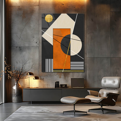 Altın Güneşli Geometrik Bauhaus Cam Tablo