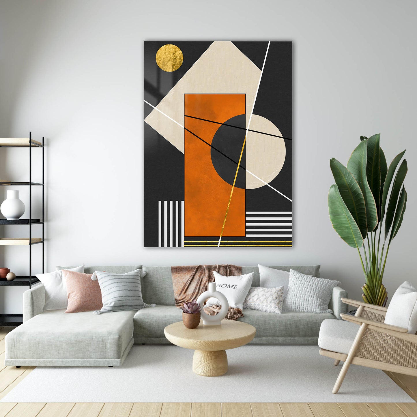 Altın Güneşli Geometrik Bauhaus Cam Tablo