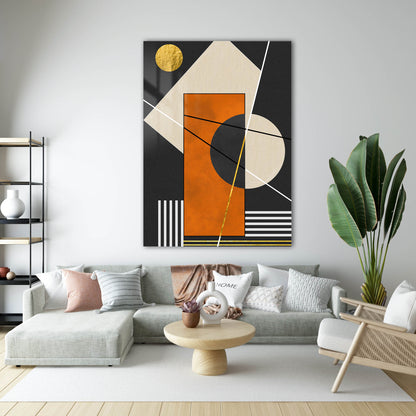Altın Güneşli Geometrik Bauhaus Cam Tablo