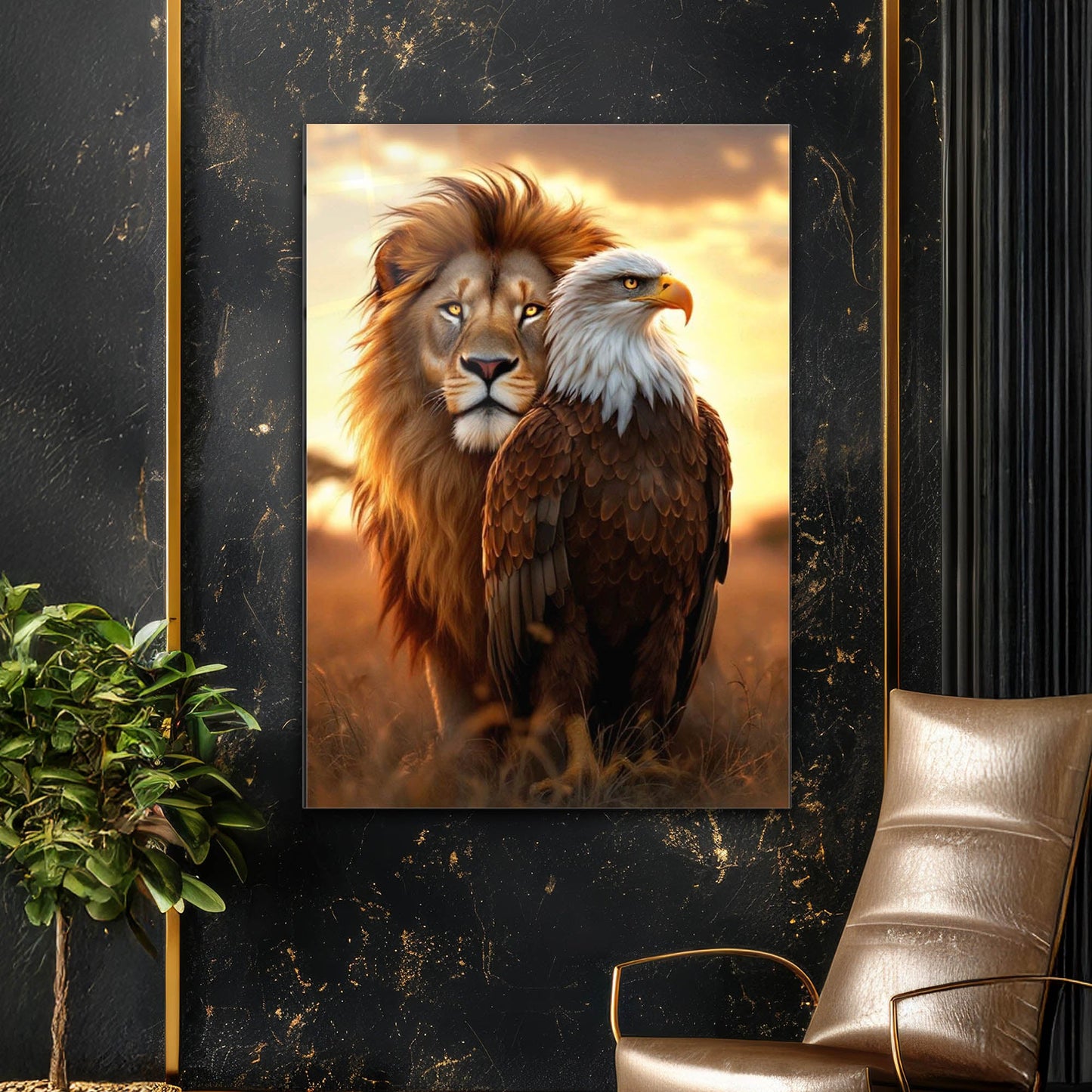 Aslan ve Kartal Günbatımı Cam Tablo