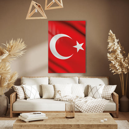 Türk Bayrağı Ay Yıldız Kırmızı Doku Cam Tablo