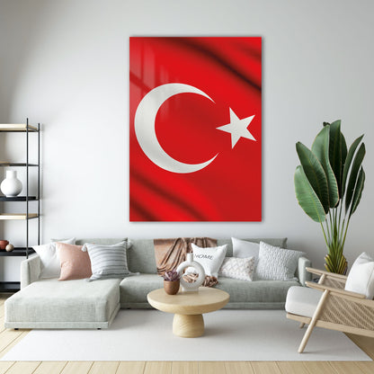 Türk Bayrağı Ay Yıldız Kırmızı Doku Cam Tablo
