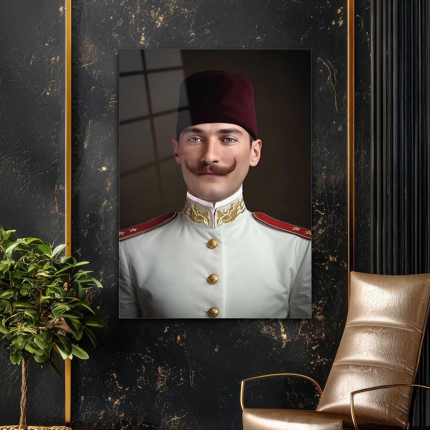 Atatürk Üniformalı Resmi Klasik Portre Cam Tablo