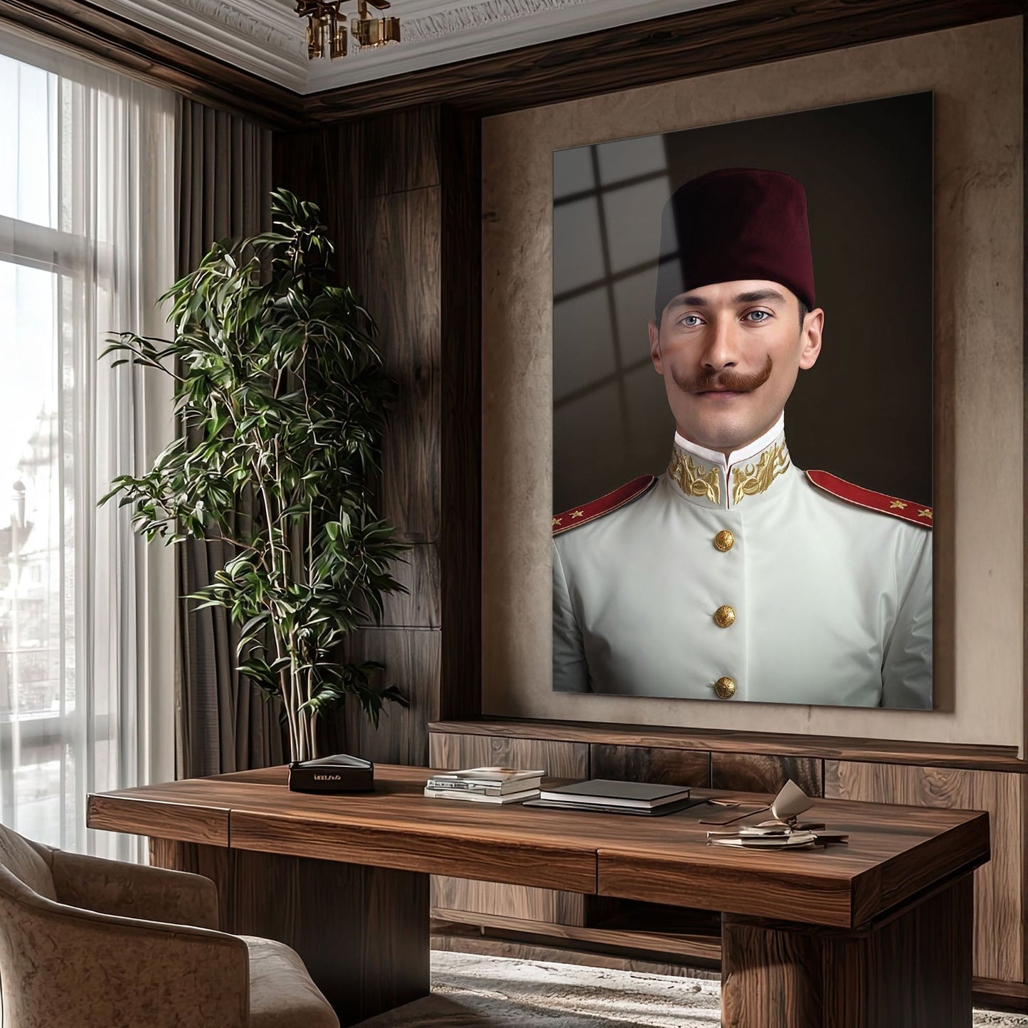 Atatürk Üniformalı Resmi Klasik Portre Cam Tablo