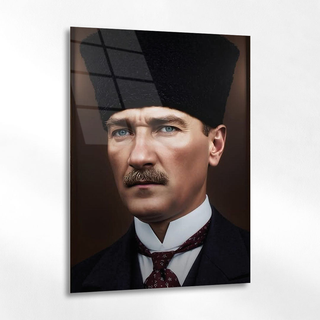 Atatürk Kalpaklı Klasik Tarihi Portre Cam Tablo