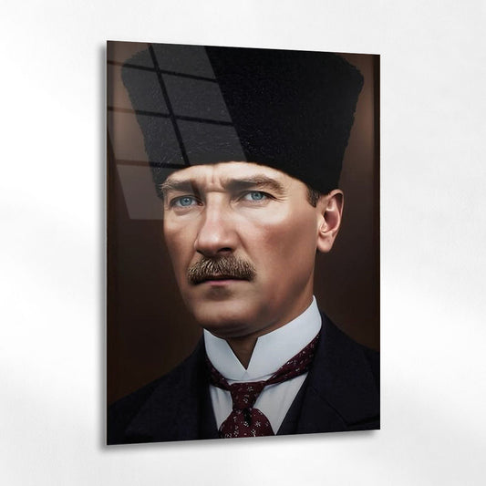 Atatürk Kalpaklı Klasik Tarihi Portre Cam Tablo