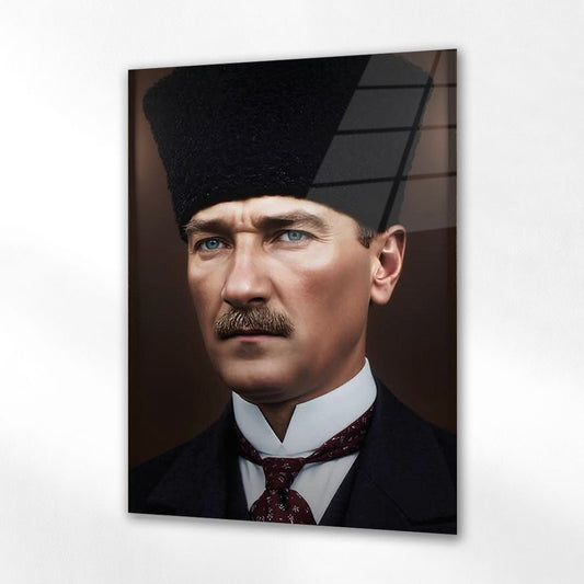 Atatürk Kalpaklı Klasik Tarihi Portre Cam Tablo