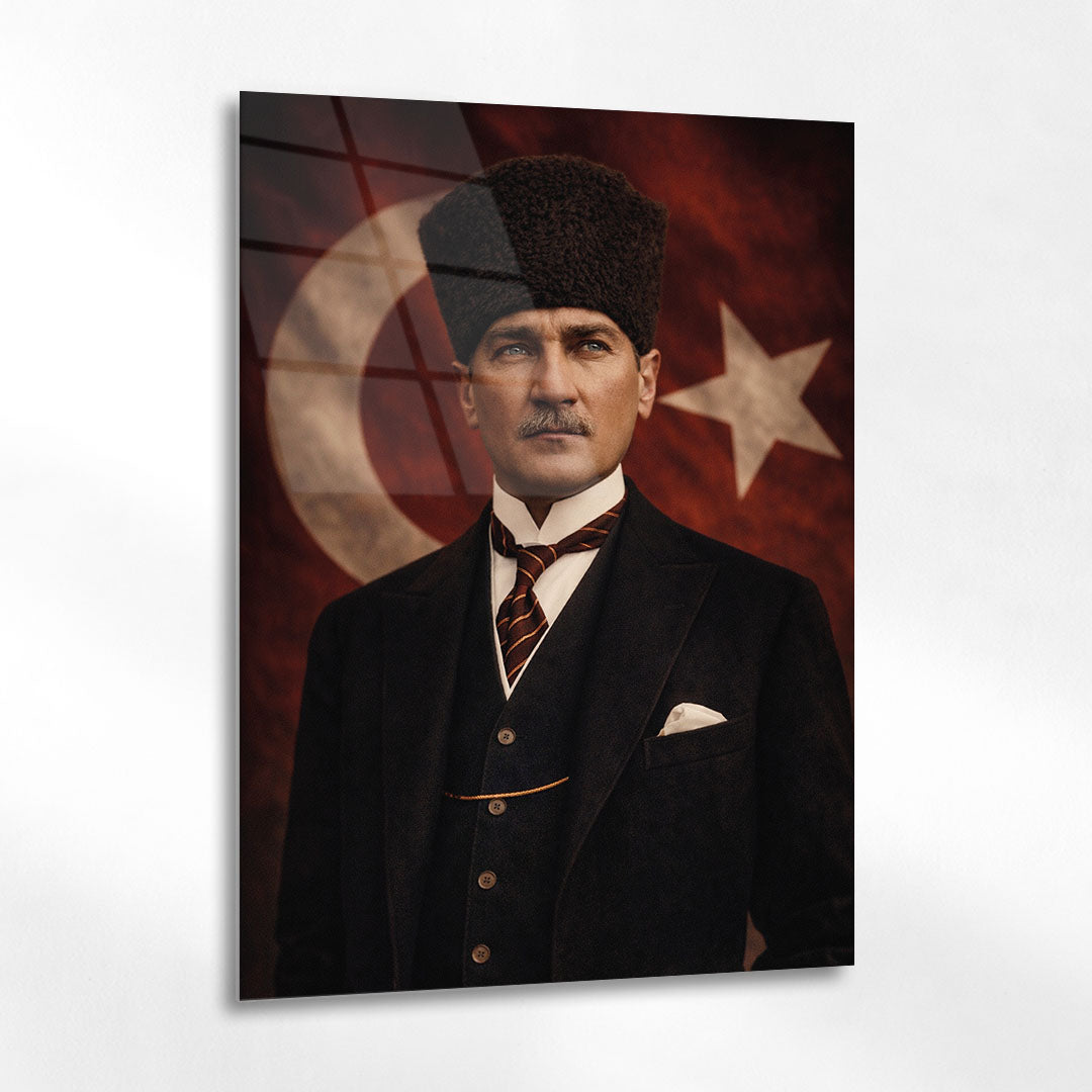 Atatürk Bayrak Önünde Resmi Poz Cam Tablo