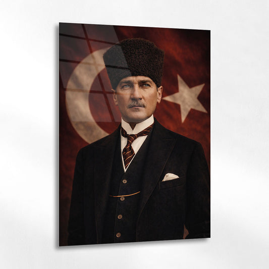 Atatürk Bayrak Önünde Resmi Poz Cam Tablo