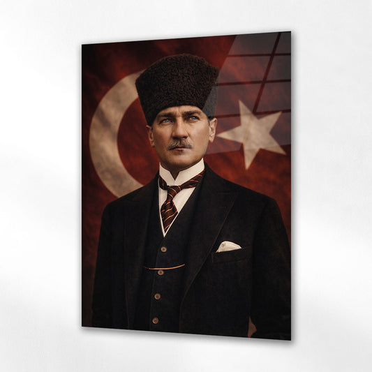 Atatürk Bayrak Önünde Resmi Poz Cam Tablo