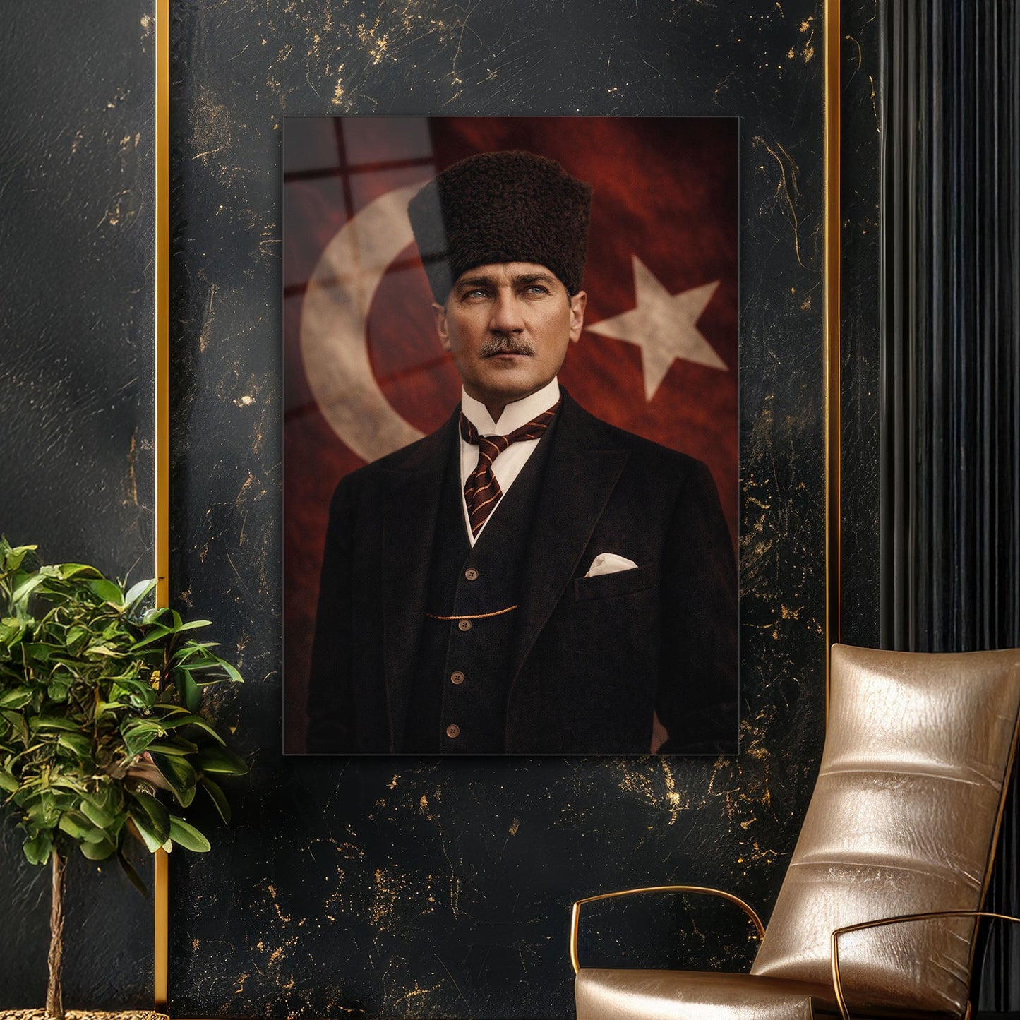 Atatürk Bayrak Önünde Resmi Poz Cam Tablo