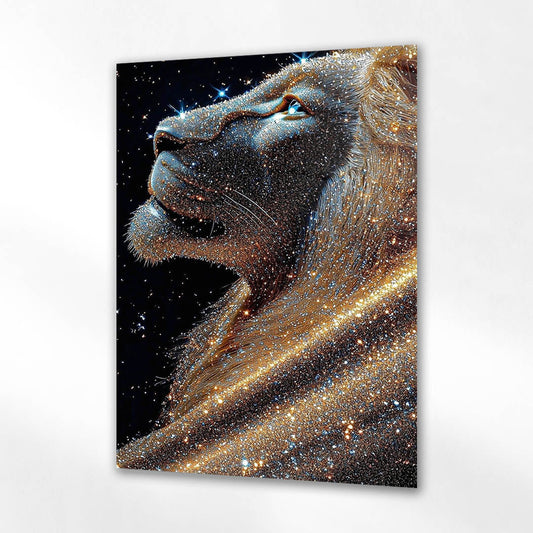 Altın Işıltılı Aslan Portre Cam Tablo