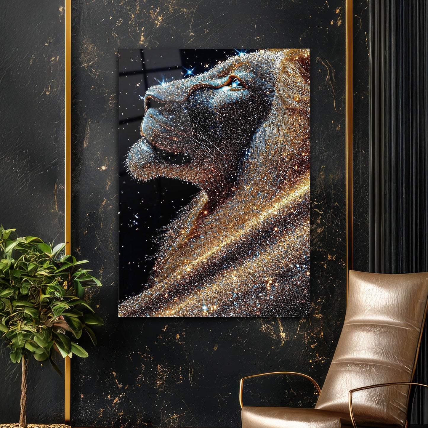 Altın Işıltılı Aslan Portre Cam Tablo