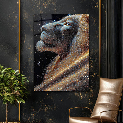 Altın Işıltılı Aslan Portre Cam Tablo