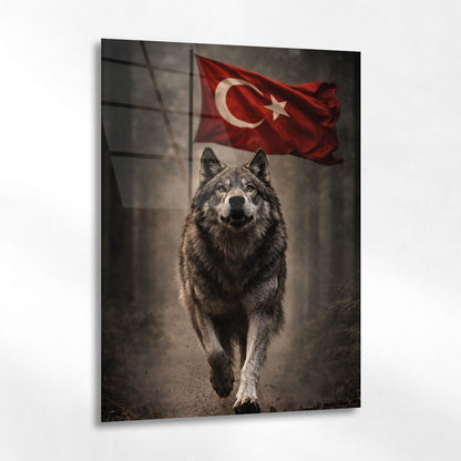Türk Bayraklı Kurt Yürüyüş Anı Epik Cam Tablo