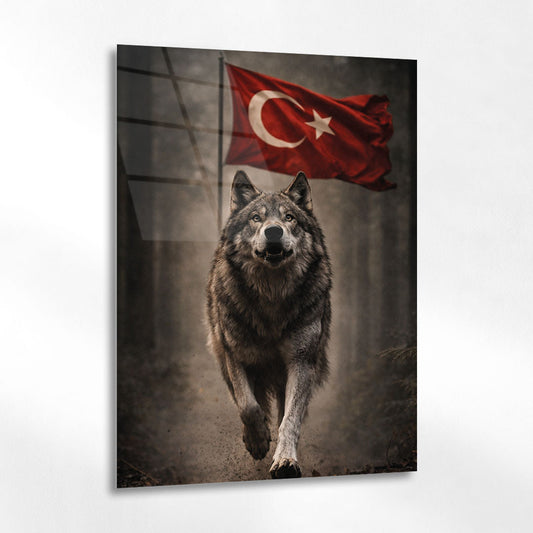 Türk Bayraklı Kurt Yürüyüş Anı Epik Cam Tablo