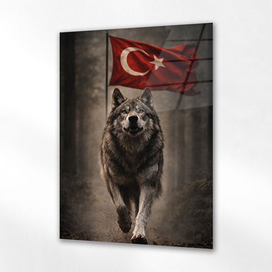 Türk Bayraklı Kurt Yürüyüş Anı Epik Cam Tablo
