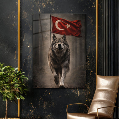 Türk Bayraklı Kurt Yürüyüş Anı Epik Cam Tablo