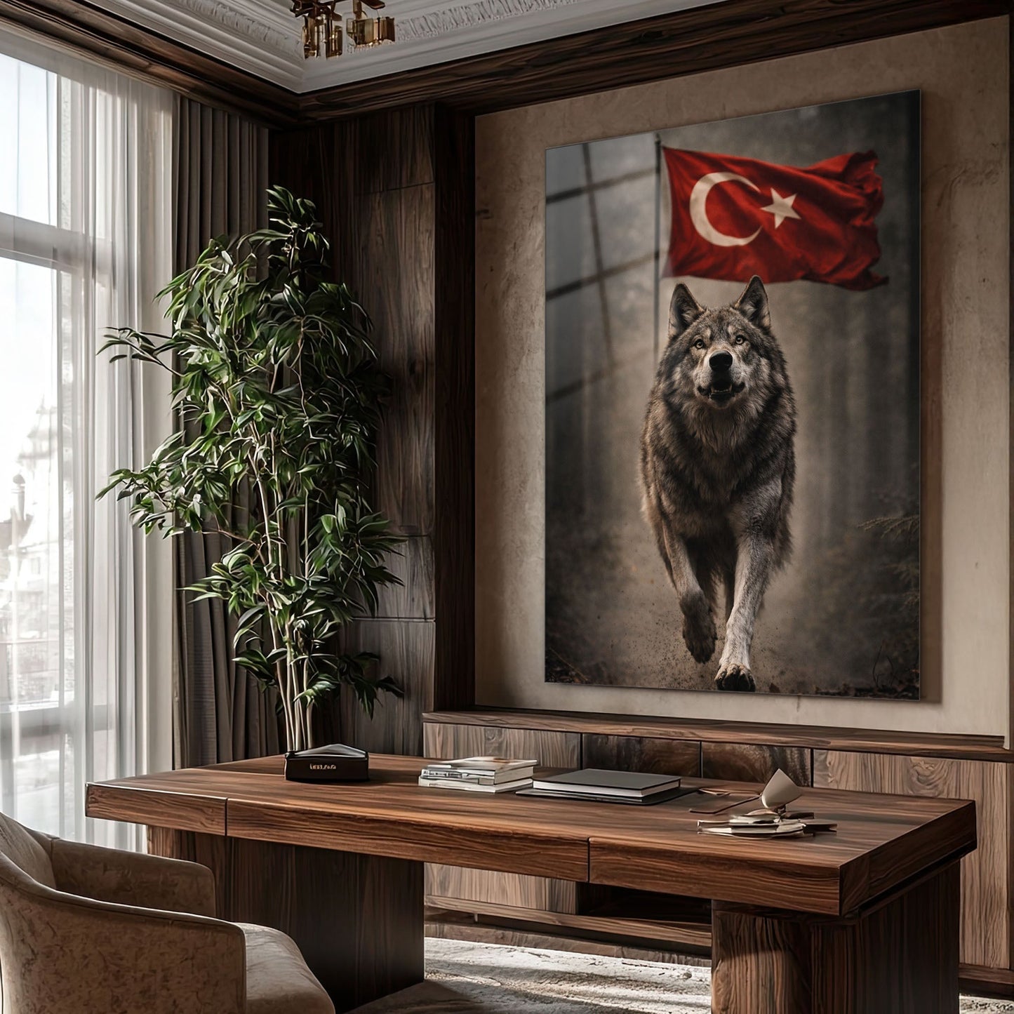Türk Bayraklı Kurt Yürüyüş Anı Epik Cam Tablo