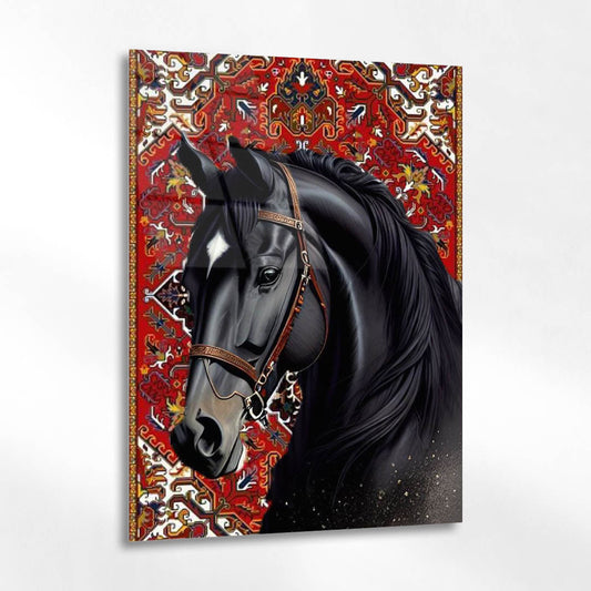 Motifli Siyah At Antik Desen Cam Tablo