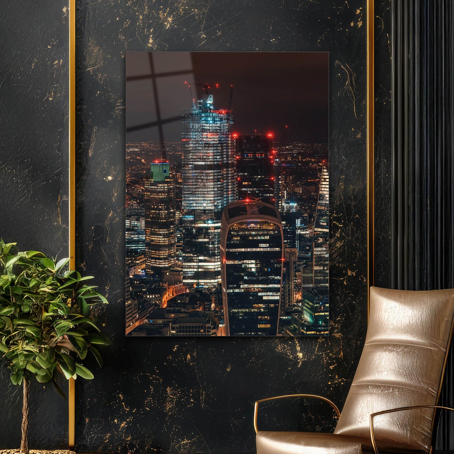 Londra Finans Merkezi Gece Cam Tablo