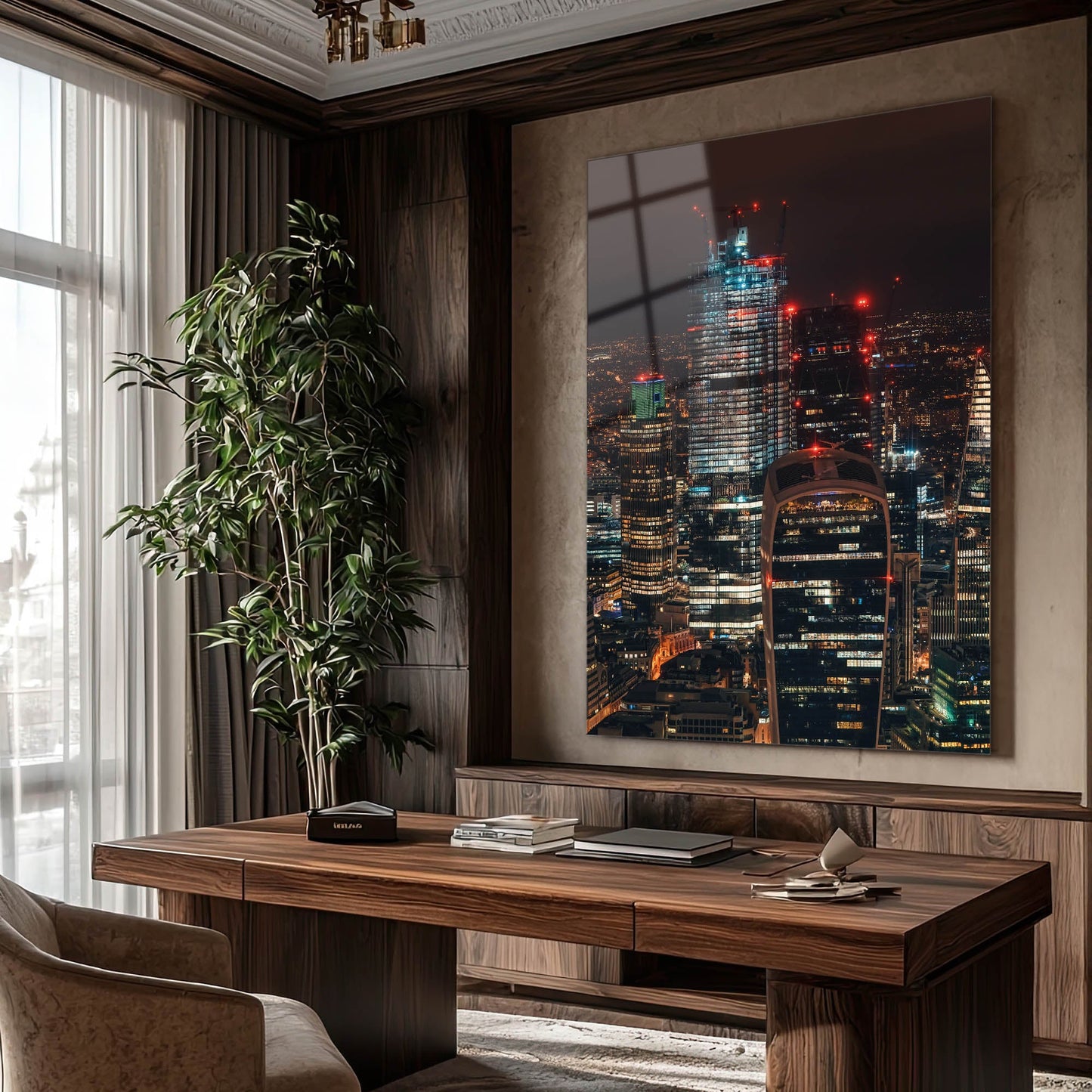 Londra Finans Merkezi Gece Cam Tablo