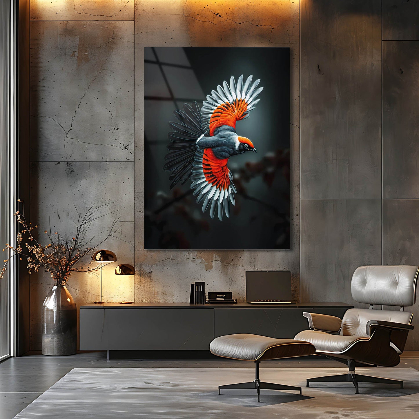 Kırmızı Beyaz Kanatlı Kuş Cam Tablo