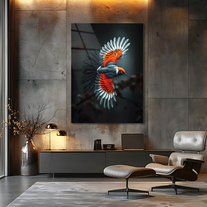 Kırmızı Beyaz Kanatlı Kuş Cam Tablo