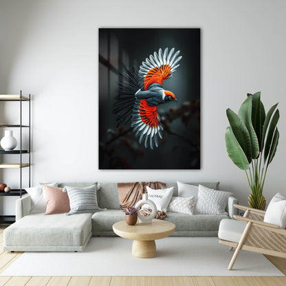 Kırmızı Beyaz Kanatlı Kuş Cam Tablo