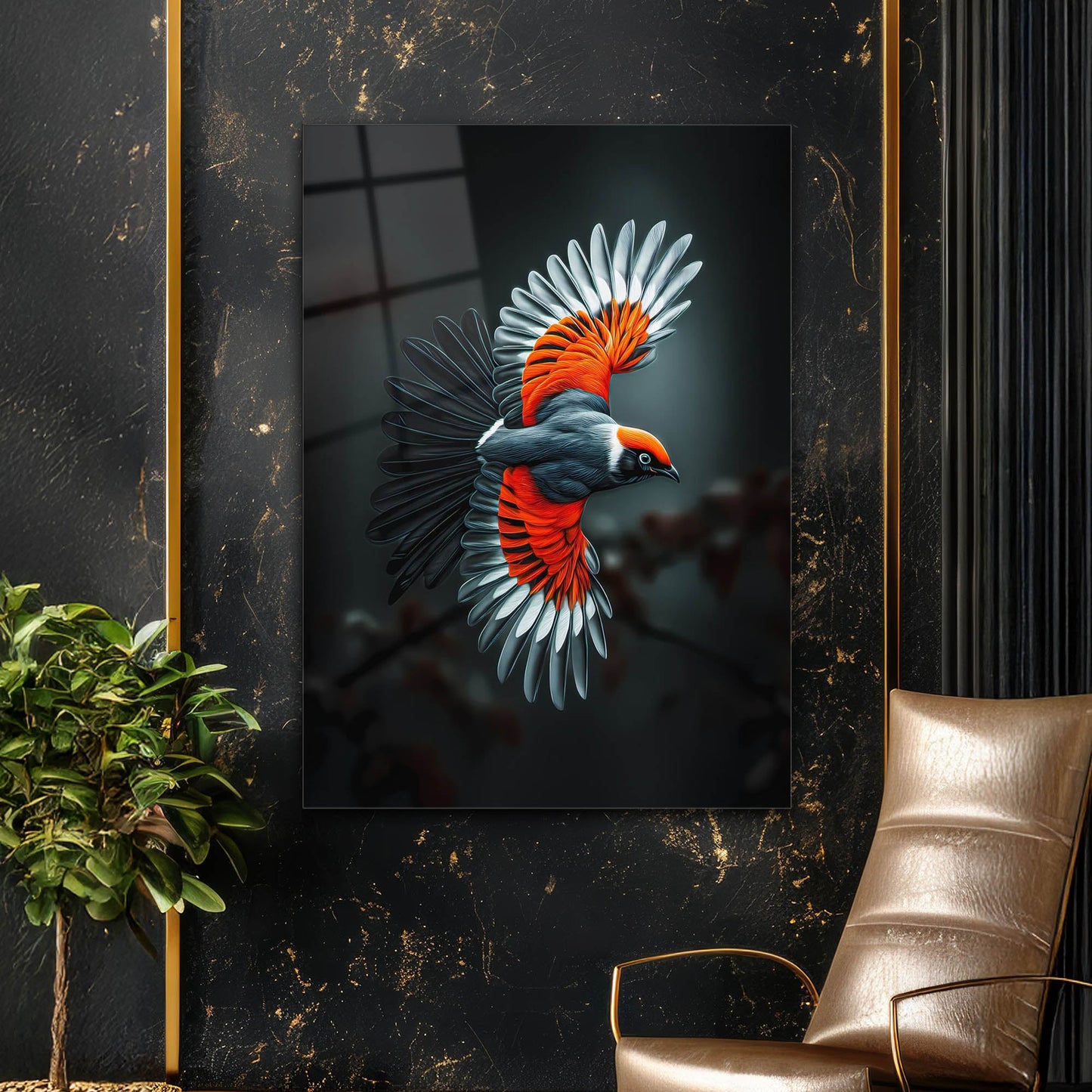 Kırmızı Beyaz Kanatlı Kuş Cam Tablo