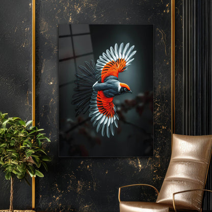 Kırmızı Beyaz Kanatlı Kuş Cam Tablo