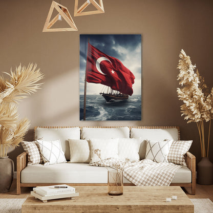 Türk Bayrağı Deniz Üzerinde Yelkenli Gemi Epik Cam Tablo