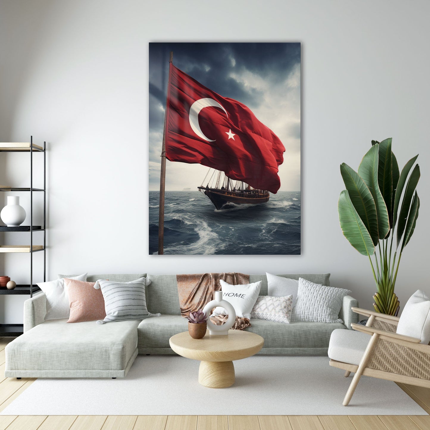 Türk Bayrağı Deniz Üzerinde Yelkenli Gemi Epik Cam Tablo