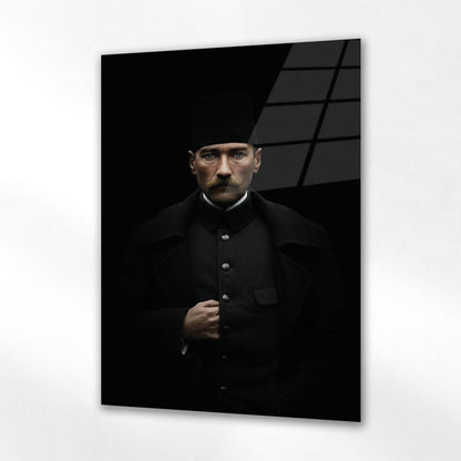 Atatürk Siyah Fon Ön Cephe Klasik Portre Cam Tablo