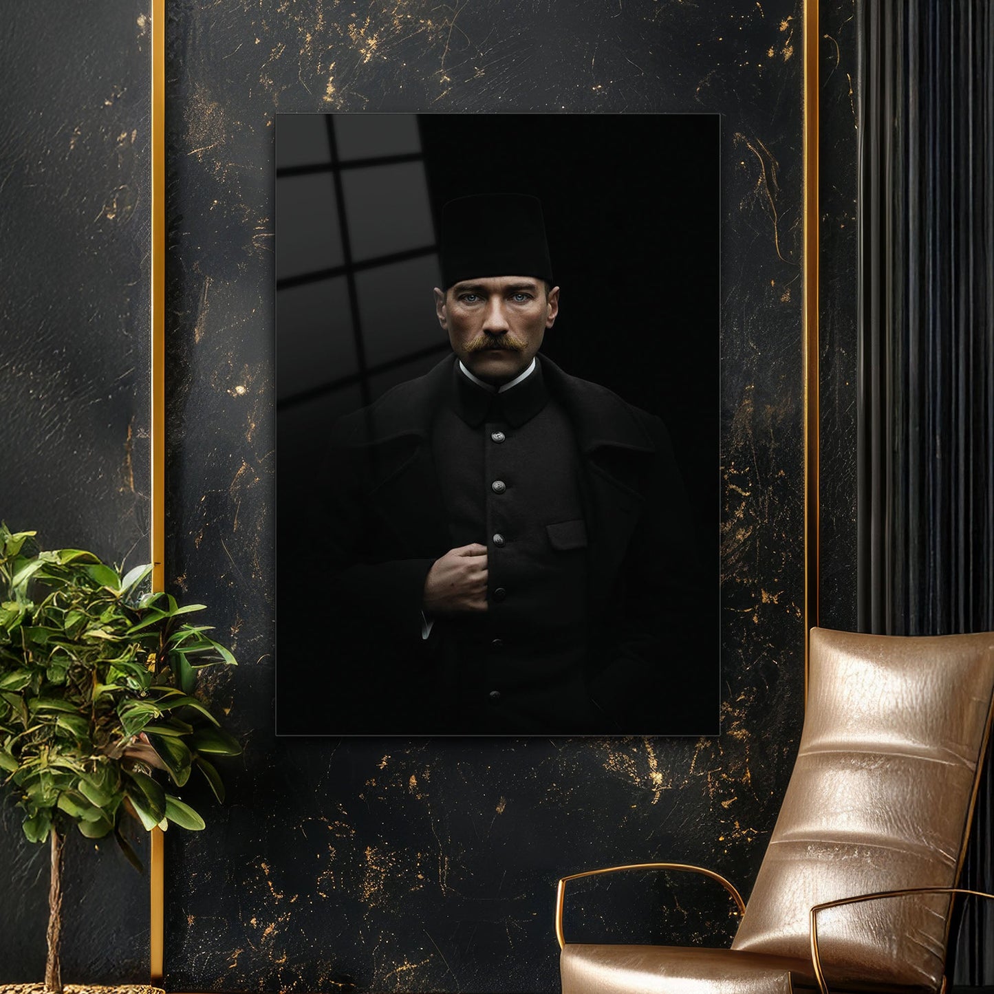 Atatürk Siyah Fon Ön Cephe Klasik Portre Cam Tablo