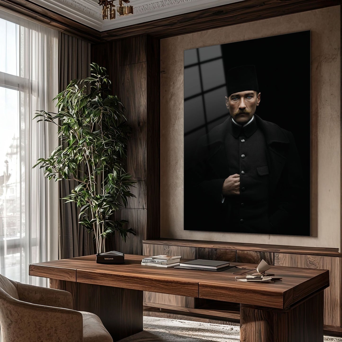 Atatürk Siyah Fon Ön Cephe Klasik Portre Cam Tablo