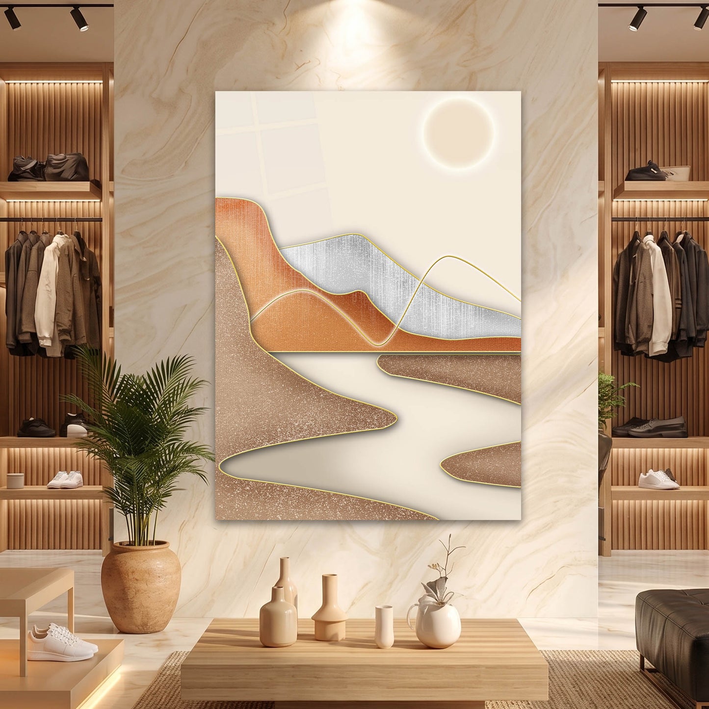 Altın Çizgili Minimalist Soyut Manzara Cam Tablo