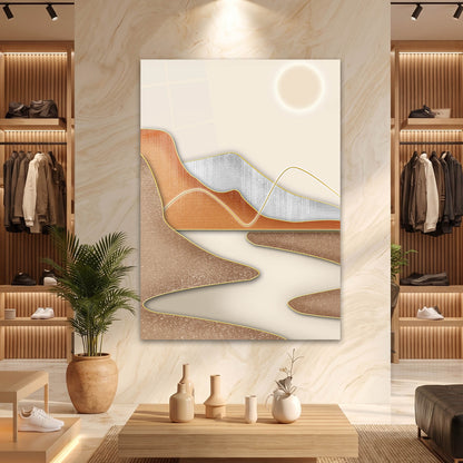 Altın Çizgili Minimalist Soyut Manzara Cam Tablo
