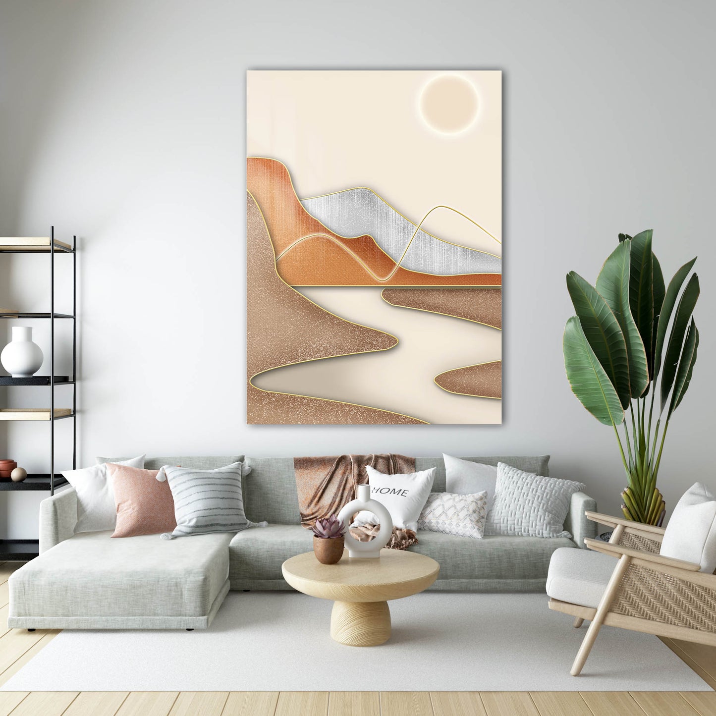 Altın Çizgili Minimalist Soyut Manzara Cam Tablo