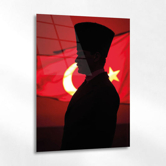 Atatürk Silüet Yan Profil Türk Bayrağı Cam Tablo