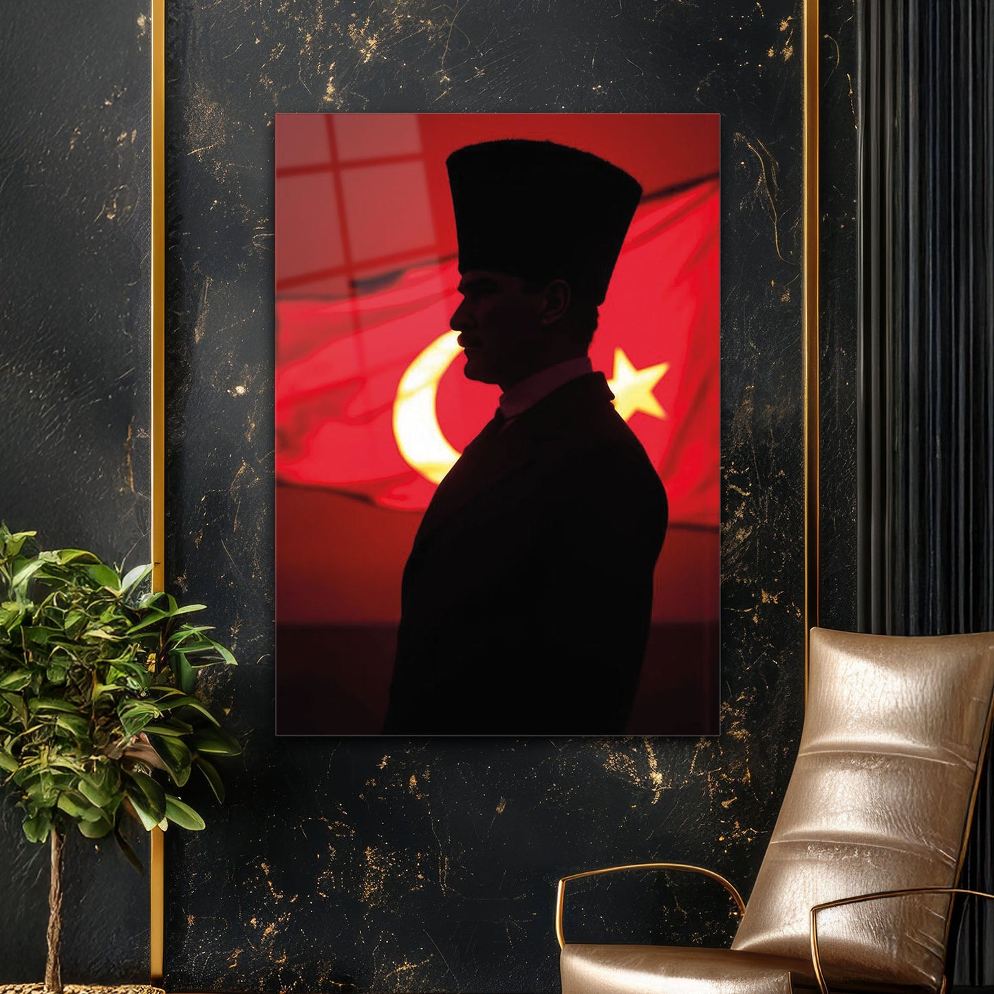 Atatürk Silüet Yan Profil Türk Bayrağı Cam Tablo