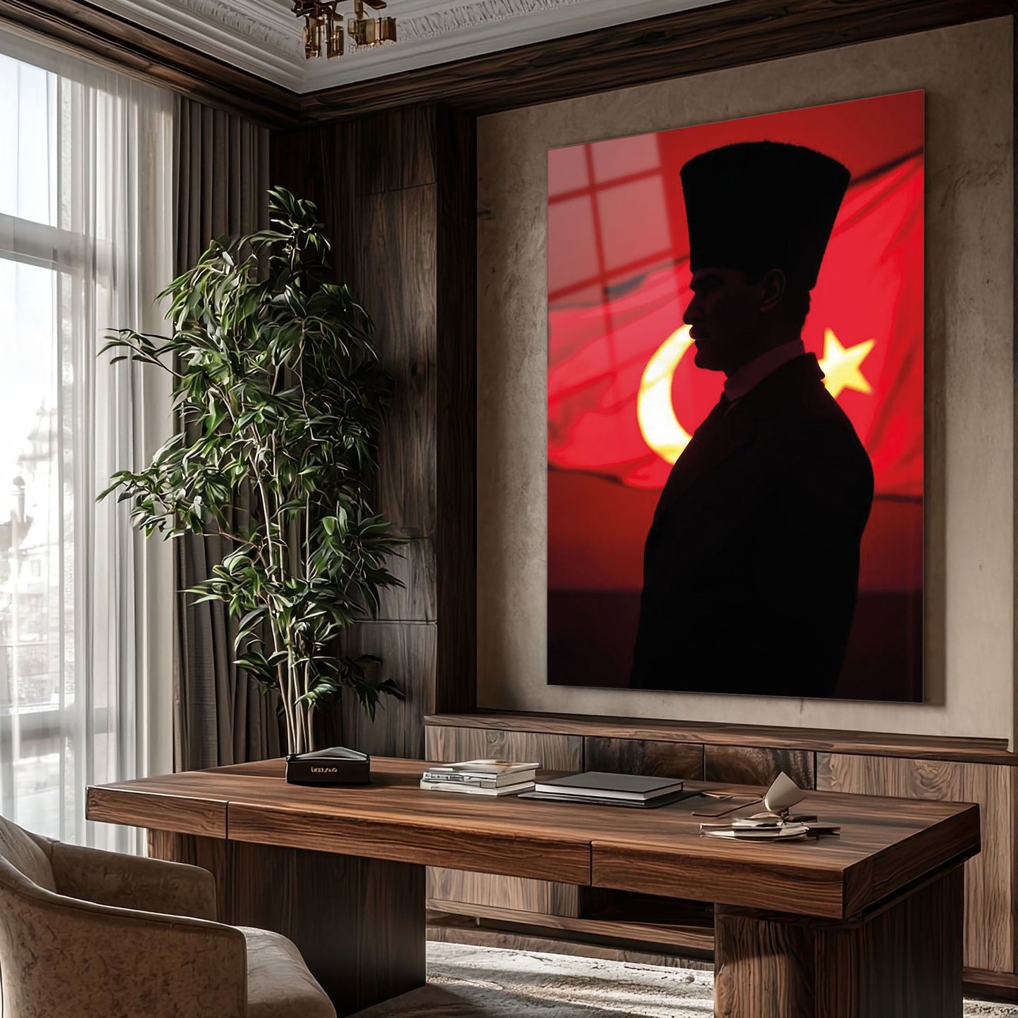 Atatürk Silüet Yan Profil Türk Bayrağı Cam Tablo