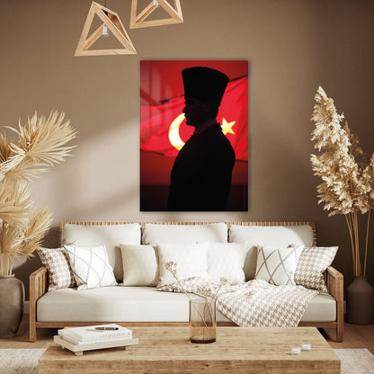 Atatürk Silüet Yan Profil Türk Bayrağı Cam Tablo