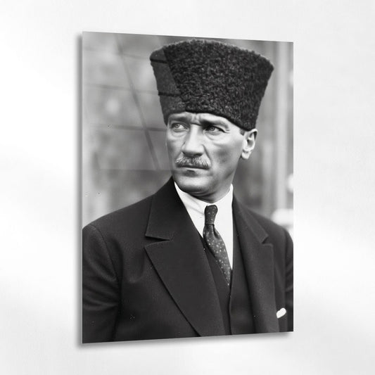 Atatürk Siyah Beyaz Kalpaklı Yandan Portre Cam Tablo