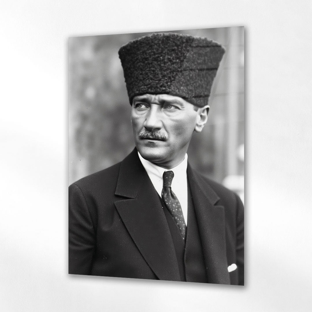 Atatürk Siyah Beyaz Kalpaklı Yandan Portre Cam Tablo